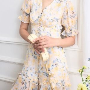Simple Retro Tie Dye Puff Sleeve Ruffle Hem Dress